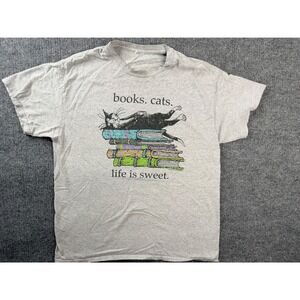Vintage Edward Gorey Books Cats Life is Sweet Graphic Tee Gray XL Stained Y2K